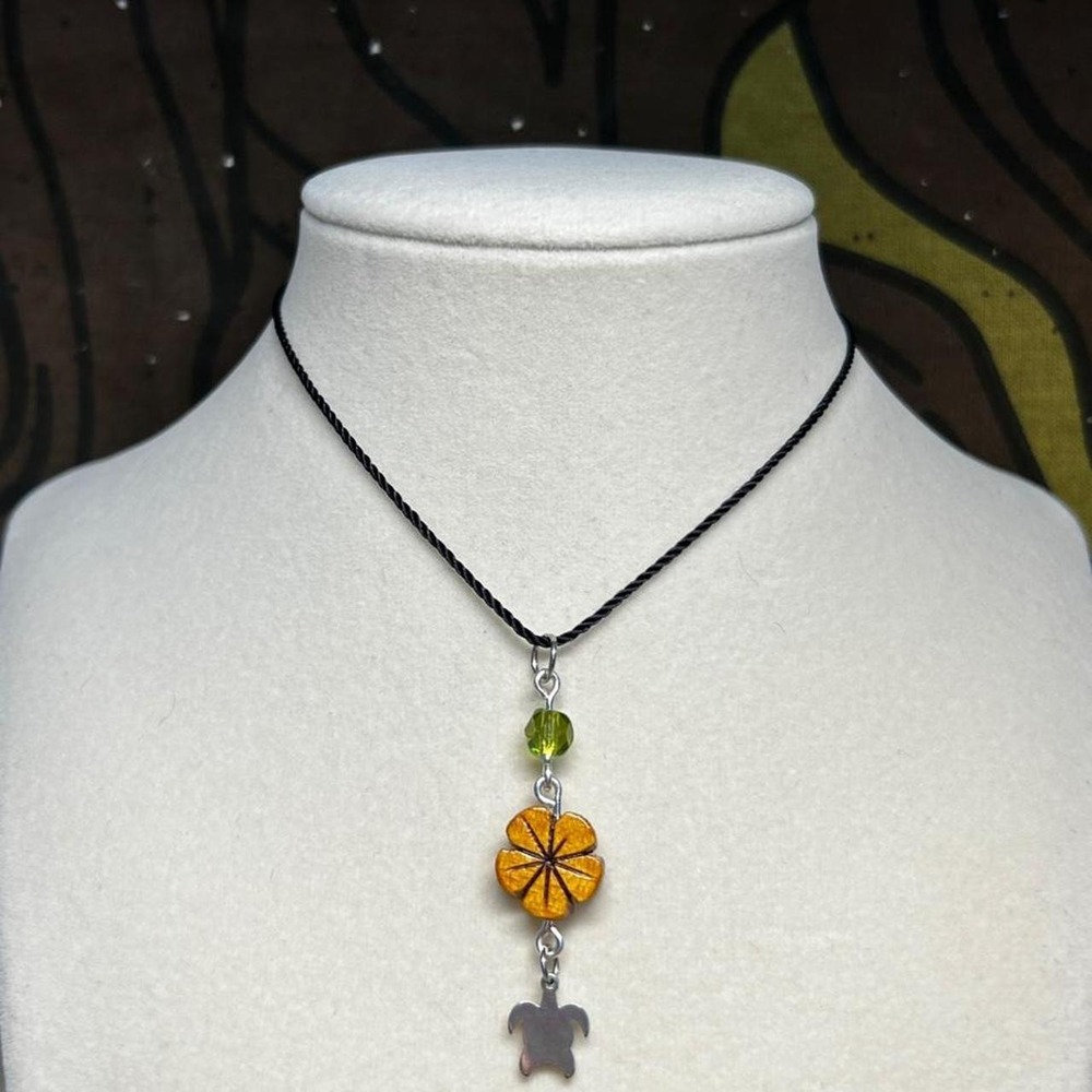 Handmade Hibiscus Sea Turtle Wood Necklace Czech Glass Stainless Steel Charm